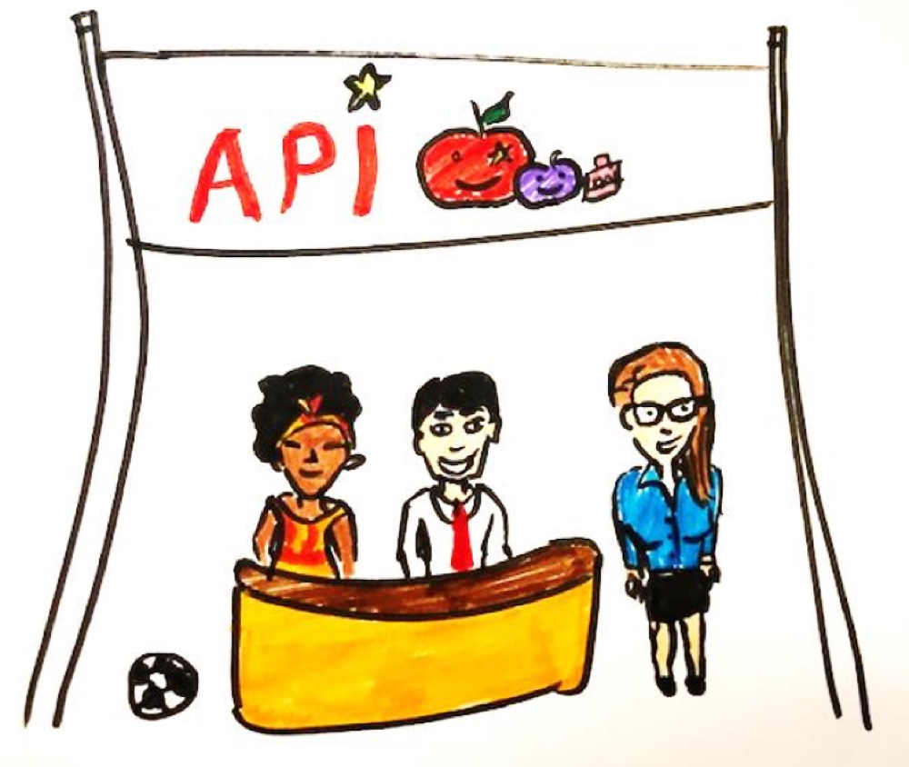 Dessin d'un stand API tenu par des parents
